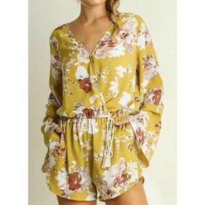 Umgee Boho Floral Kimono Style Romper in Mustard